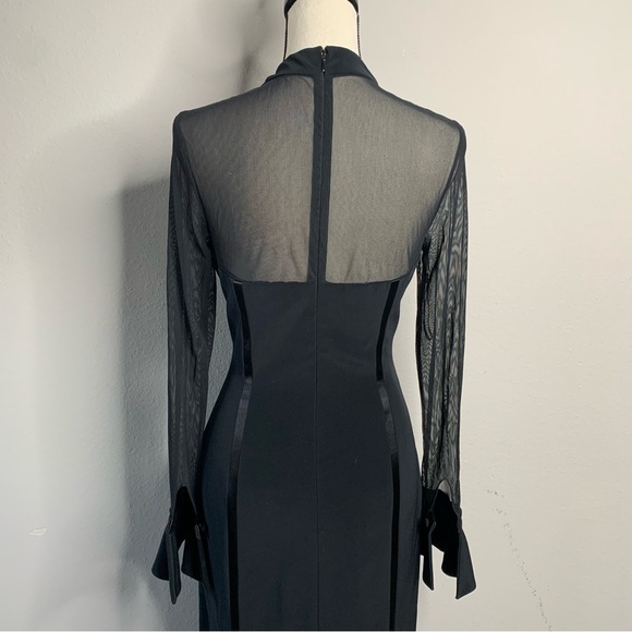 Oleg Cassini Black Sheer Mesh Long Sleeve High Split Maxi Formal Maxi Gown - Picture 11 of 16